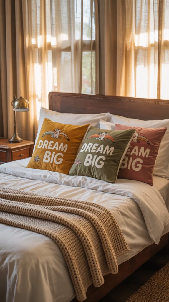 A bed with vintage inspired throw pillows featuring retro designs and playful text in a cozy bedroom setting.