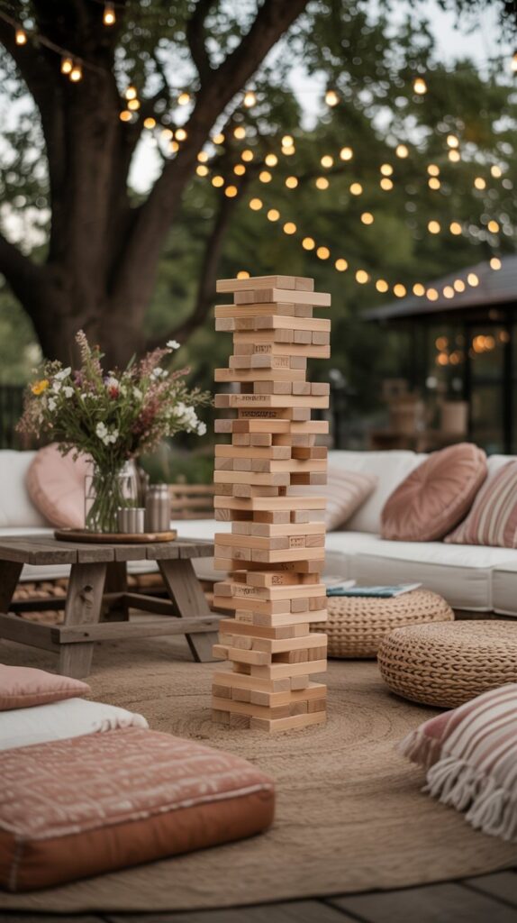 An outdoor garden game area featuring a tall stack of wooden blocks for Jenga, surrounded by cozy seating and playful decorations.