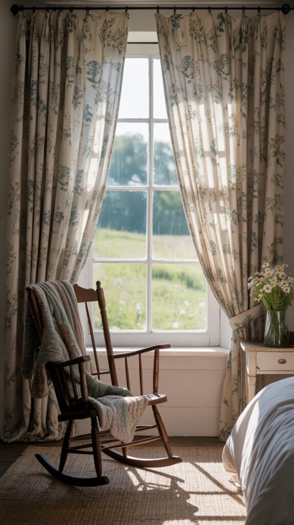 Floral curtains hanging by a window in a cozy farmhouse bedroom.