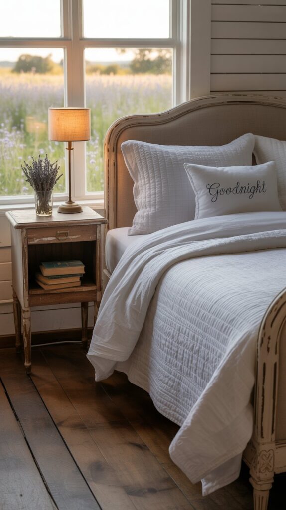 A cozy farmhouse bedroom featuring a neutral color palette with white bedding, wooden floors, and soft textures.