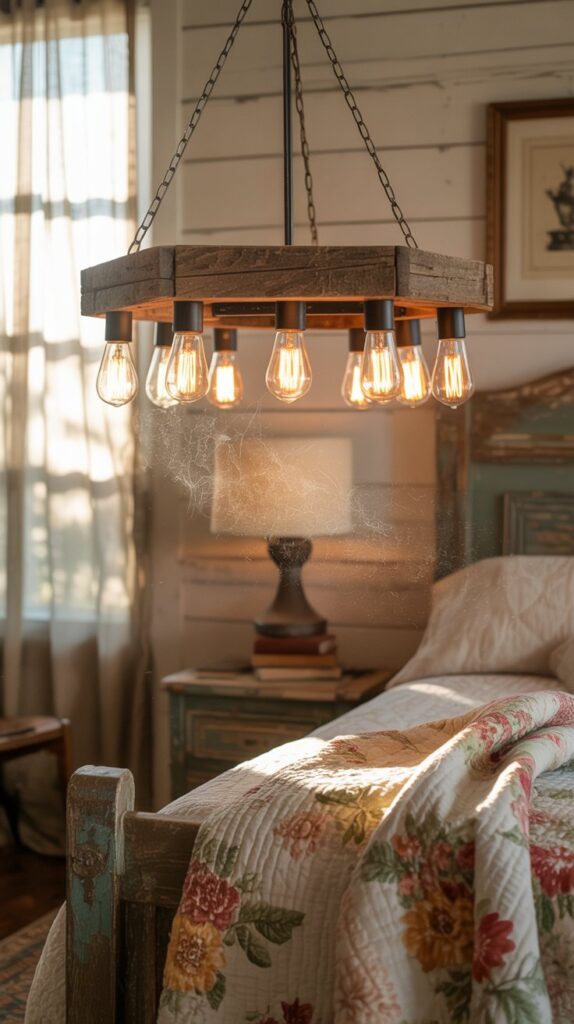 A rustic pendant light hanging in a cozy farmhouse bedroom