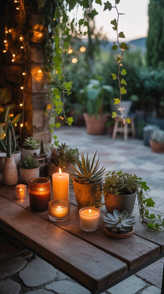 A cozy outdoor setting with various candles lit on a table among plants in the evening light.