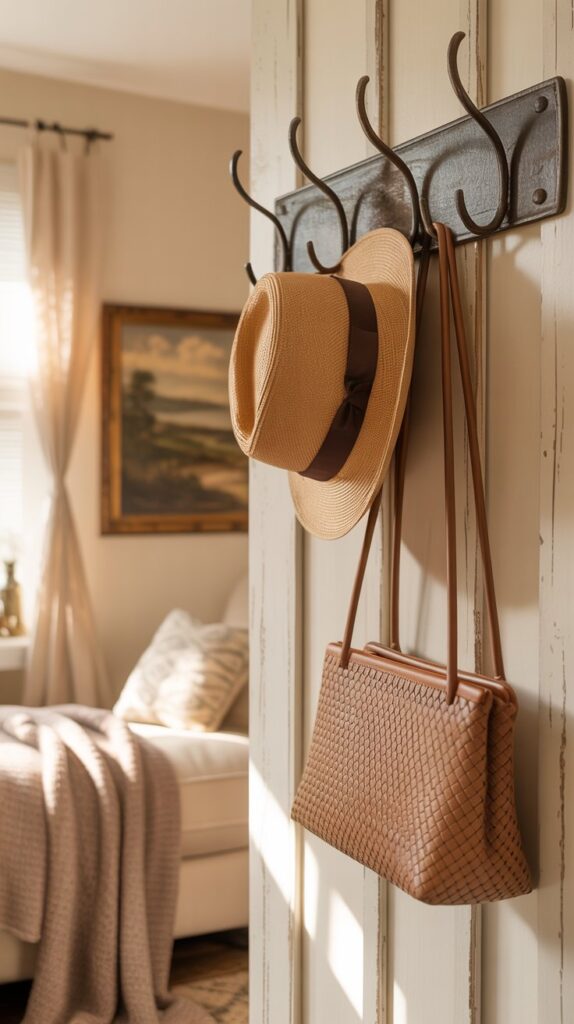 Rustic wall hooks displaying two straw hats and handbags in a cozy bedroom setting.