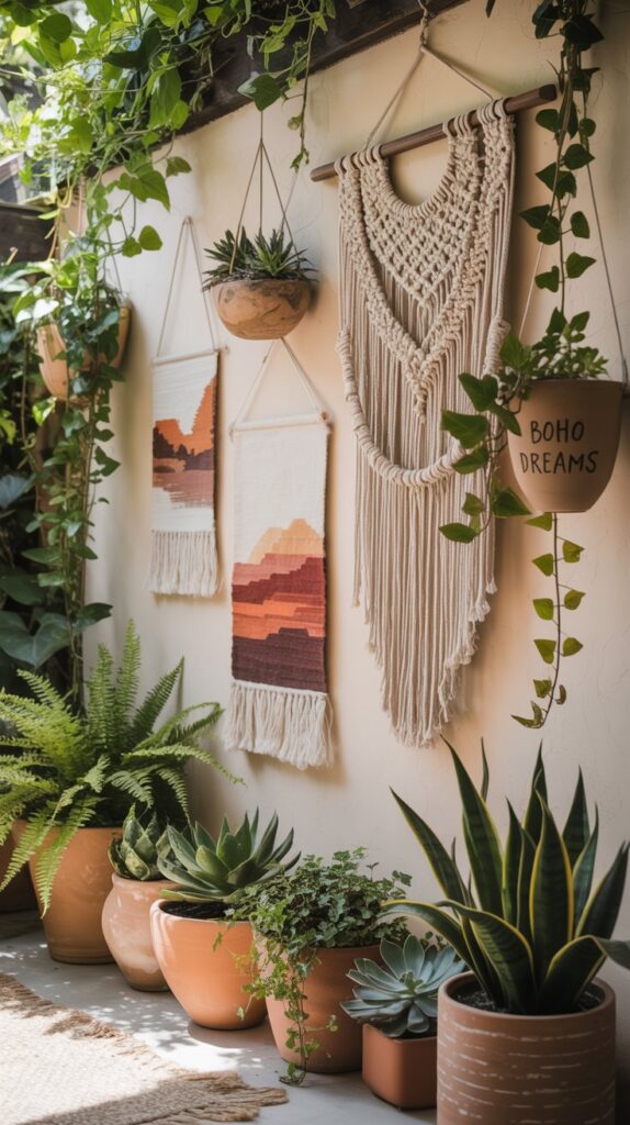 A collection of artistic wall hangings including macramé and woven decor, surrounded by potted plants in a boho outdoor space.