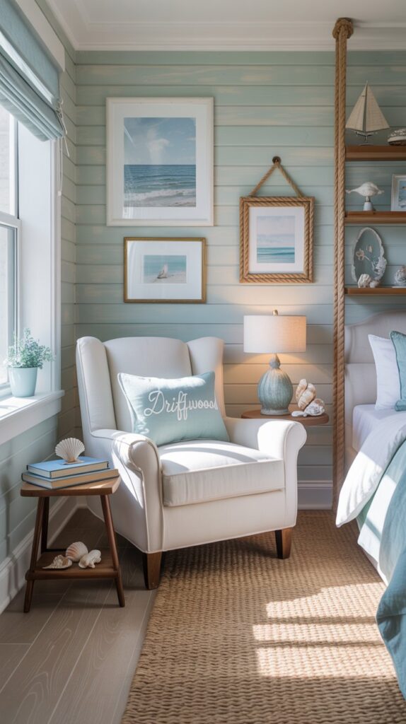 A coastal-themed bedroom with light colors, wooden accents, and nautical decor.