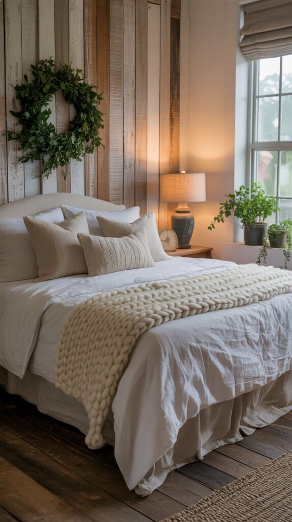 Stylish farmhouse bedroom decor with reclaimed wood elements and a green wreath