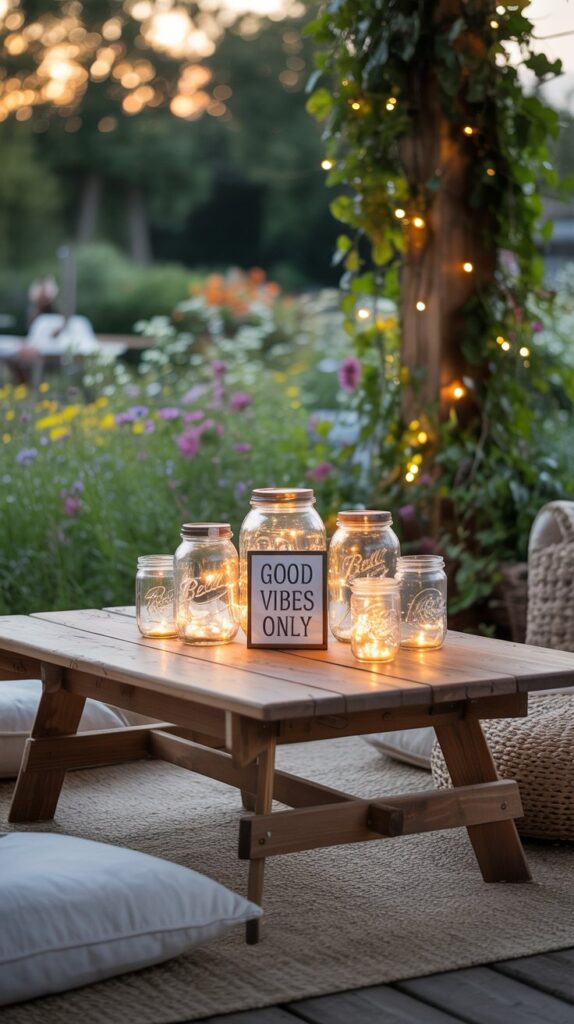 Mason jars filled with lights placed in a garden setting