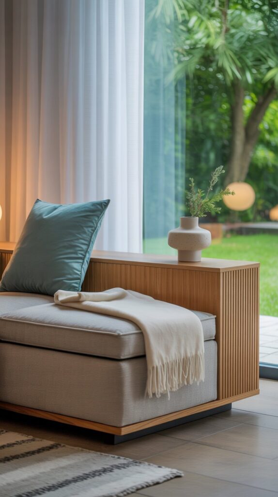A stylish multi-functional bench with storage, adorned with a cushion and decorative items.