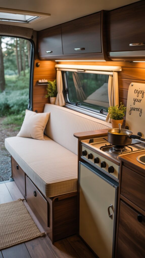 Cozy small camper interior featuring multi-functional furniture and warm wood tones.