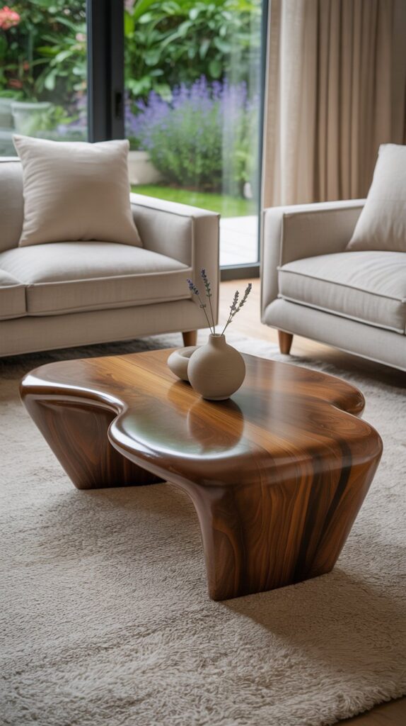 A unique wooden coffee table with an organic shape, surrounded by cozy sofas in a bright living room.
