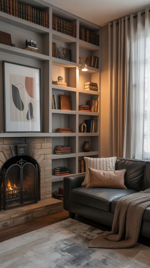 A stylish living room featuring custom built-in shelves filled with books and art, centered around a cozy fireplace.