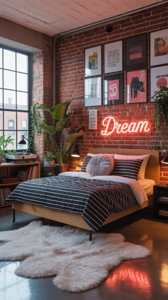 A cozy modern industrial loft bedroom featuring exposed brick walls, a striped bedspread, and artistic decor.