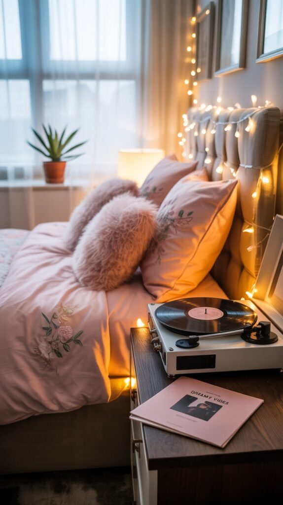Cozy teen girl bedroom with soft pink bedding, warm lights, and stylish decor.