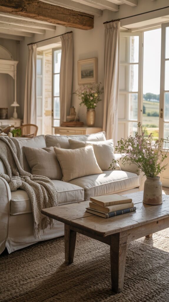 Cozy French farmhouse living room with light colors and functional furniture