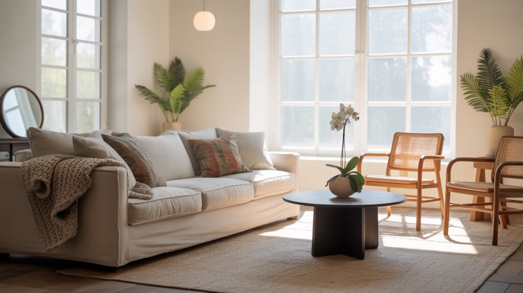 A cozy, sun-drenched living room with minimalist, light-colored decor. Bright white walls reflect natural light, creating an illusion of spaciousness. Soft, neutral-toned furniture - a plush linen sofa, a wooden coffee table, and a pair of armchairs - arrange in a harmonious layout. Strategically placed mirrors on the walls amplify the sense of depth, while potted plants and a delicate, sheer curtain add pops of greenery. The overall mood is calming and airy, evoking a serene, relaxing atmosphere perfect for unwinding. Soft, diffused lighting from discreet sconces and a central pendant fixture gently illuminates the space. A cozy, sun-drenched living room with minimalist, light-colored decor. Bright white walls reflect natural light, creating an illusion of spaciousness. Soft, neutral-toned furniture - a plush linen sofa, a wooden coffee table, and a pair of armchairs - arrange in a harmonious layout. Strategically placed mirrors on the walls amplify the sense of depth, while potted plants and a delicate, sheer curtain add pops of greenery. The overall mood is calming and airy, evoking a serene, relaxing atmosphere perfect for unwinding. Soft, diffused lighting from discreet sconces and a central pendant fixture gently illuminates the space.