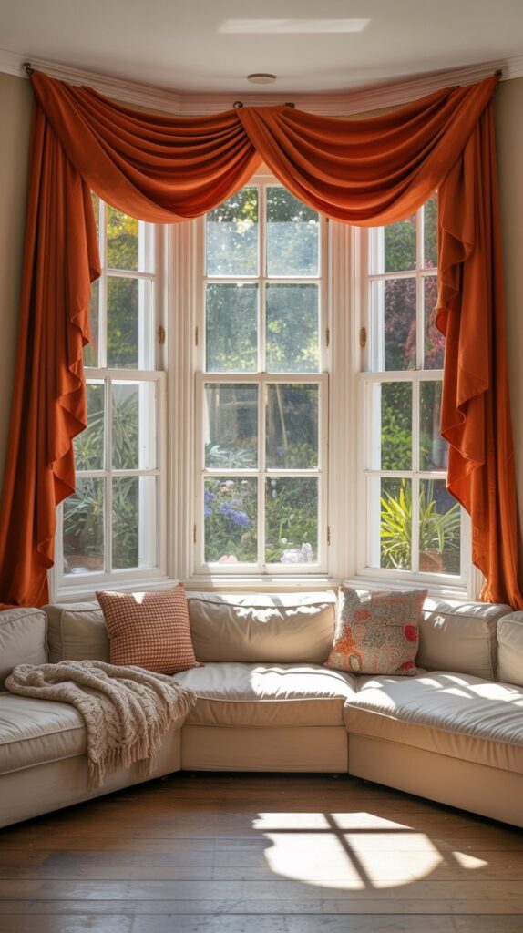 A living room with artistic window treatments featuring vibrant orange curtains and a cozy seating area.
