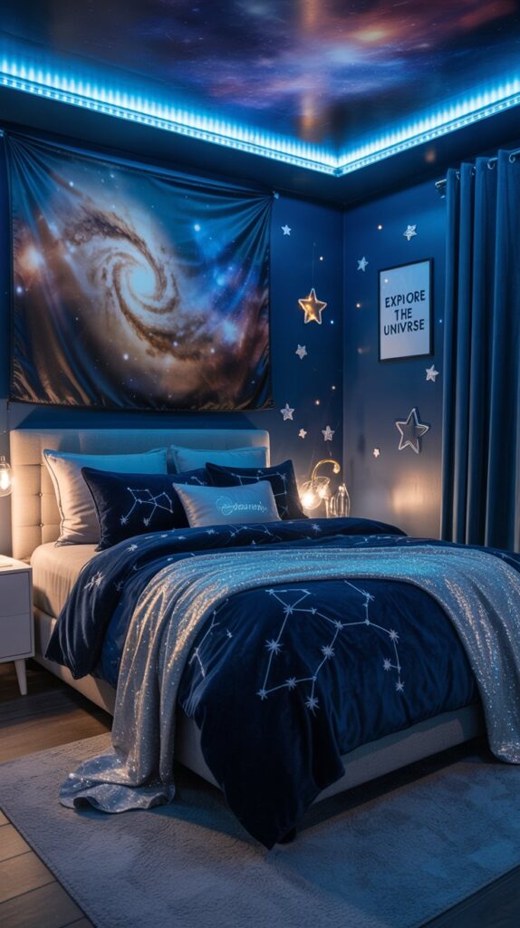 A bedroom with a cosmic galaxy theme featuring deep blue walls, starry decorations, and cozy bedding.