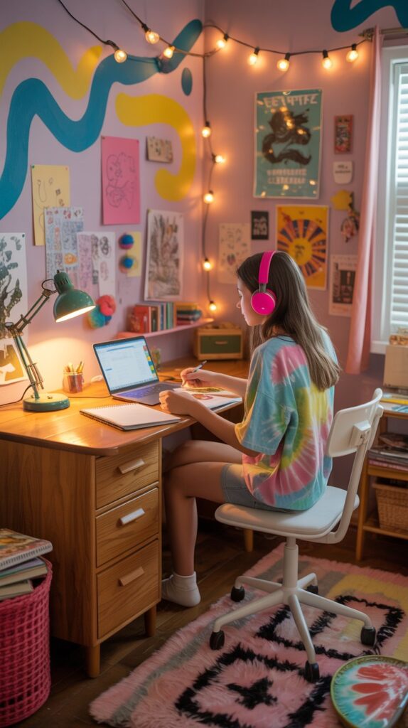 A colorful teen girl's bedroom with vibrant art and a cozy desk area for creativity.