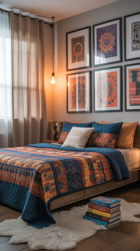 A cozy bedroom with a cultural fusion theme, featuring vibrant textiles, wall art, and warm lighting.