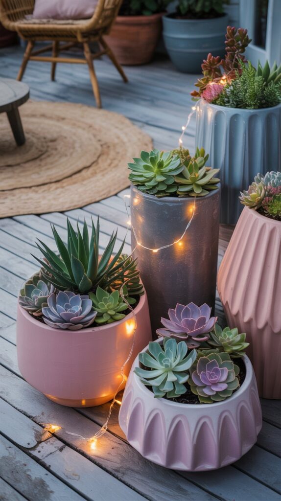 A collection of various planters filled with succulents in different shapes and colors.