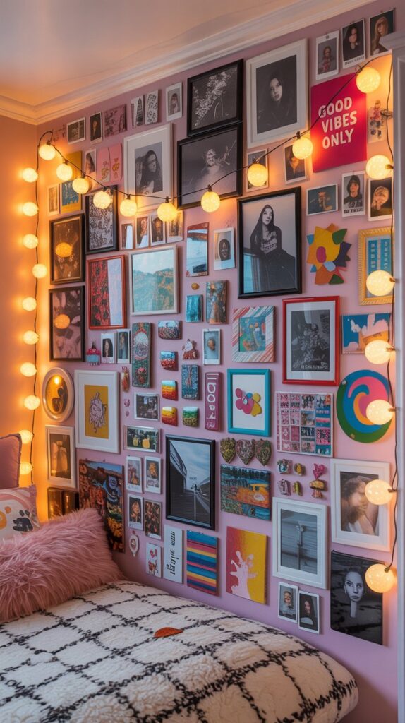 Colorful collage wall filled with various framed photos and art pieces in a cozy bedroom.