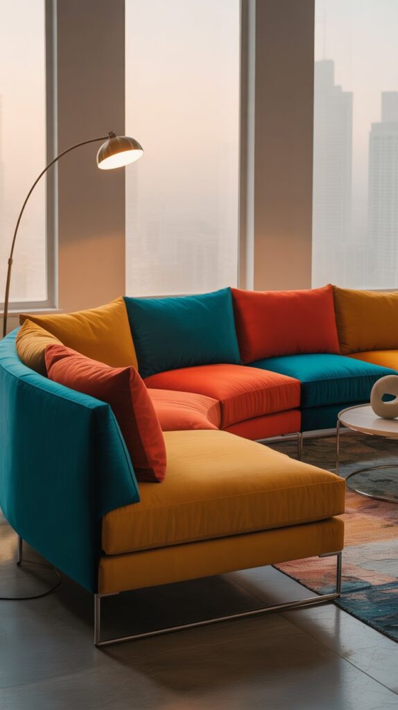 Colorful bold sectional sofa in a modern living room setting