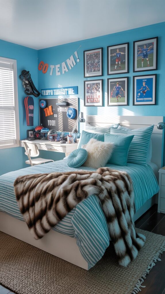 A sporty teen bedroom with a blue wall, striped bedding, and sports memorabilia.