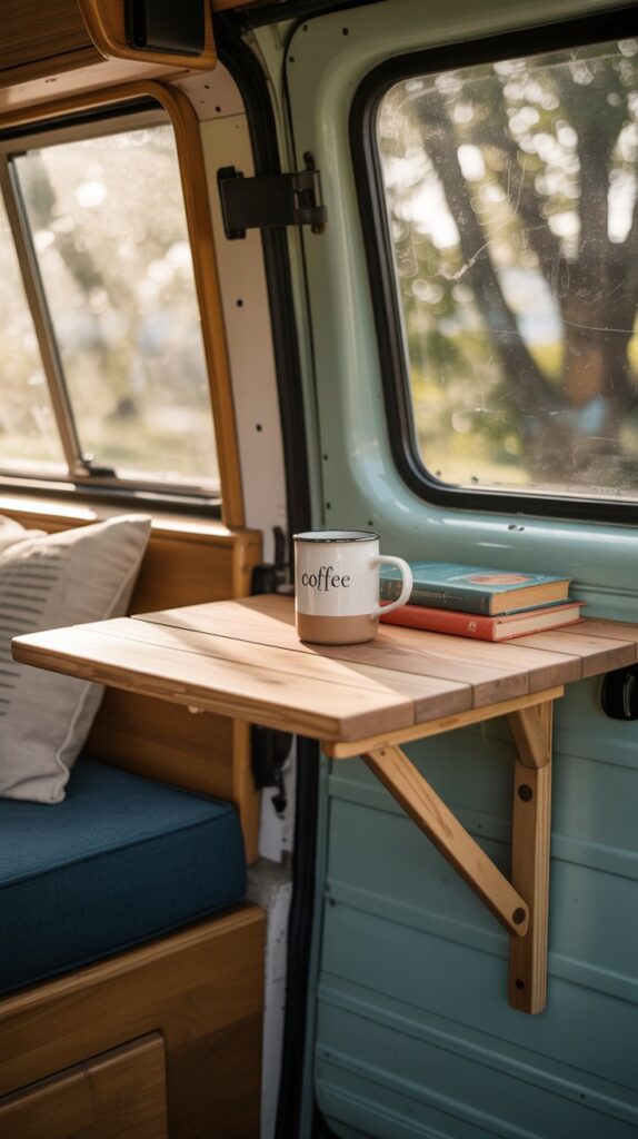 A wall-mounted folding table in a small camper interior, made of wood with a minimalist design.