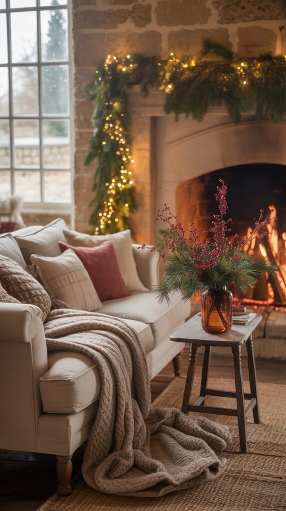 A cozy living room decorated with festive decor