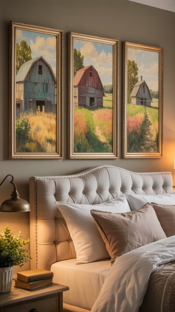 Farm-inspired wall art featuring three barn paintings in a cozy bedroom
