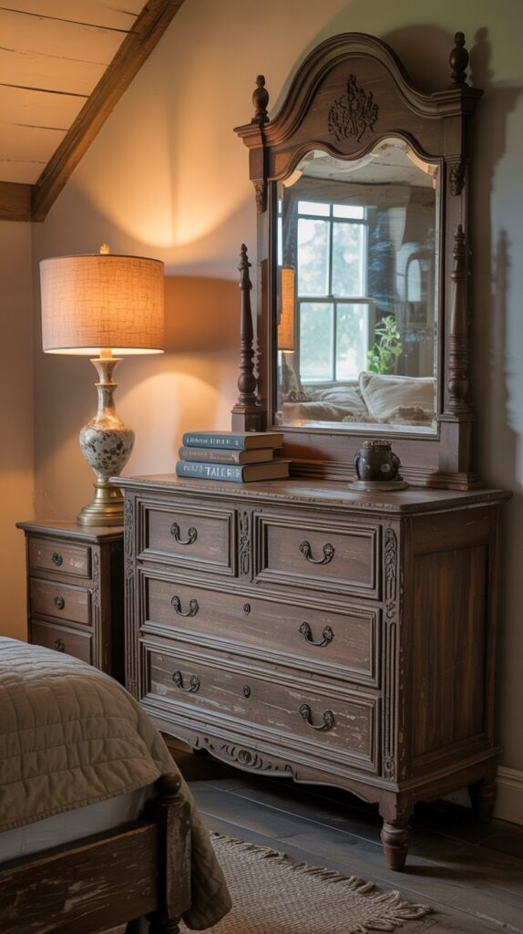 A cozy farmhouse bedroom featuring an antique dresser and nightstand, with rustic decor elements.