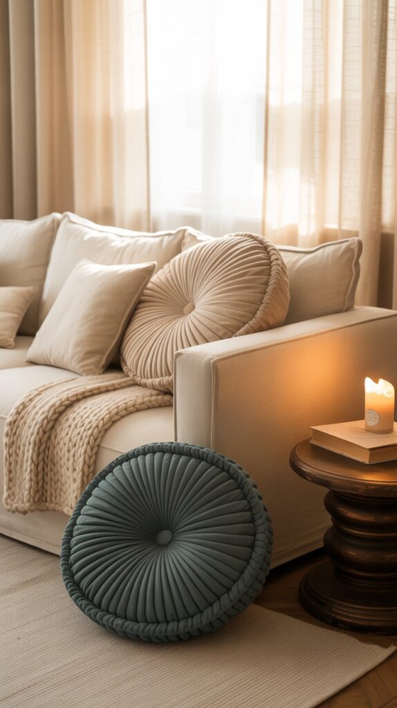 A cozy living room featuring a sofa with textured cushions, a soft throw blanket, and a plush floor pillow.