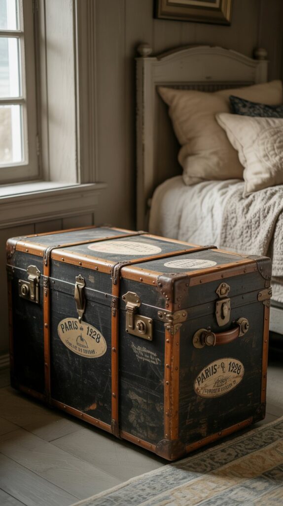 A vintage trunk in a farmhouse bedroom, serving as both decor and storage