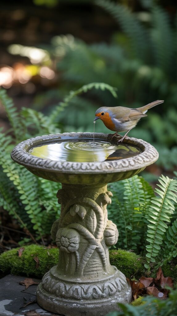 A durable, weathered birdbath made of high-quality cast stone, surrounded by lush greenery and natural textures. The birdbath features a wide, shallow basin with a gently sloped design, allowing birds to easily access the water. Warm, diffused sunlight filters through the foliage, casting a soft, inviting glow on the scene. The overall composition evokes a sense of tranquility and harmony, perfectly suited for a serene garden setting. A durable, weathered birdbath made of high-quality cast stone, surrounded by lush greenery and natural textures. The birdbath features a wide, shallow basin with a gently sloped design, allowing birds to easily access the water. Warm, diffused sunlight filters through the foliage, casting a soft, inviting glow on the scene. The overall composition evokes a sense of tranquility and harmony, perfectly suited for a serene garden setting.