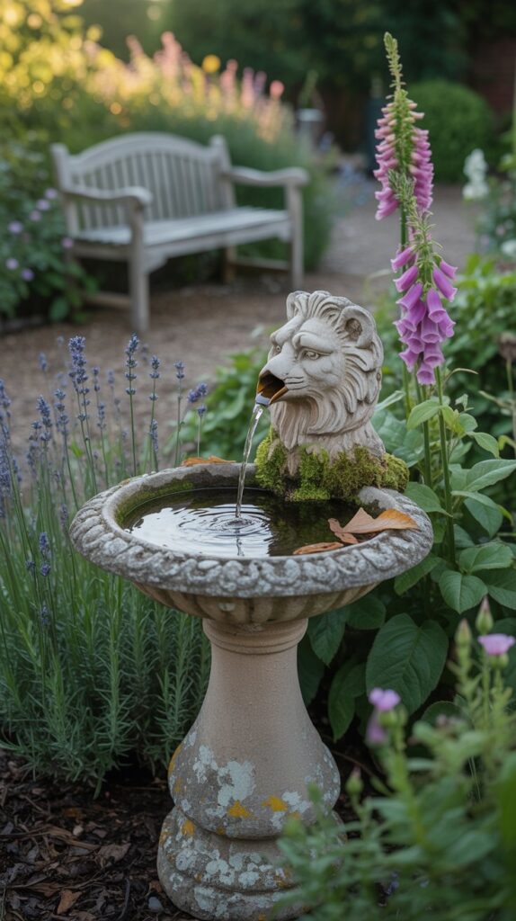 a bird bath in a lush, vibrant garden setting with various placement ideas. the bird bath is positioned in the foreground, surrounded by a diverse array of flowering plants, shrubs, and trees that create a serene, nature-inspired ambiance. the lighting is soft and diffused, creating a warm, golden glow that enhances the natural textures and colors. the camera angle is slightly elevated, providing a panoramic view of the entire scene, allowing the viewer to appreciate the creative placement of the bird bath within the overall garden design. the overall mood is one of tranquility, inviting the viewer to imagine the sights and sounds of birds bathing and gathering in this idyllic outdoor space. a bird bath in a lush, vibrant garden setting with various placement ideas. the bird bath is positioned in the foreground, surrounded by a diverse array of flowering plants, shrubs, and trees that create a serene, nature-inspired ambiance. the lighting is soft and diffused, creating a warm, golden glow that enhances the natural textures and colors. the camera angle is slightly elevated, providing a panoramic view of the entire scene, allowing the viewer to appreciate the creative placement of the bird bath within the overall garden design. the overall mood is one of tranquility, inviting the viewer to imagine the sights and sounds of birds bathing and gathering in this idyllic outdoor space.