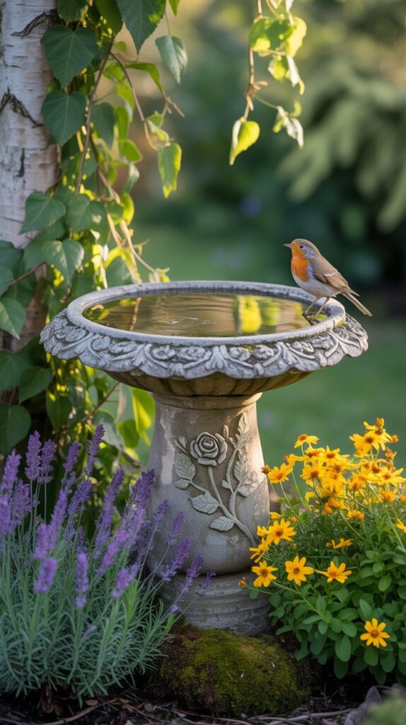 A stunning bird bath arrangement nestled in a lush garden oasis. The focal point is a unique stone bird bath, carved with intricate floral motifs, surrounded by a vibrant mix of native perennials and cascading vines. Soft, diffused lighting filters through the canopy of overhanging trees, casting a warm, ethereal glow. In the foreground, a scatter of decorative stones and pebbles create a natural, textured surface, inviting birds to bathe and frolic. The overall composition evokes a sense of tranquility and harmony, showcasing the beauty of a thoughtfully curated outdoor sanctuary. A stunning bird bath arrangement nestled in a lush garden oasis. The focal point is a unique stone bird bath, carved with intricate floral motifs, surrounded by a vibrant mix of native perennials and cascading vines. Soft, diffused lighting filters through the canopy of overhanging trees, casting a warm, ethereal glow. In the foreground, a scatter of decorative stones and pebbles create a natural, textured surface, inviting birds to bathe and frolic. The overall composition evokes a sense of tranquility and harmony, showcasing the beauty of a thoughtfully curated outdoor sanctuary.