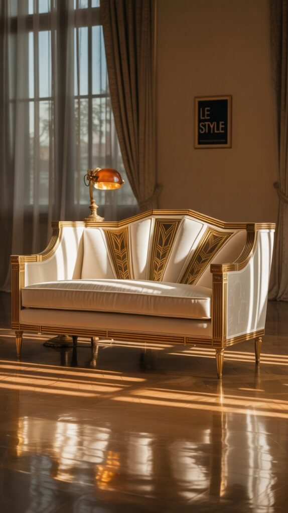 Art Deco style sofa with intricate patterns and golden accents