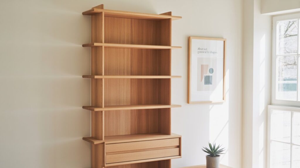 An elegant, minimalist vertical storage unit featuring a sleek, modern design. The unit is made of natural wood with clean, straight lines and a balanced, symmetrical arrangement of shelves and compartments. It stands tall, spanning the full height of the room, with a tall, slender profile that maximizes the available vertical space. Soft, indirect lighting from recessed fixtures above casts a warm, inviting glow across the wood's natural grain. The unit is positioned in a bright, airy room with large windows, allowing natural light to fill the space and create a sense of openness and tranquility. The overall atmosphere is one of sophisticated simplicity, perfectly suited for a small apartment seeking to make the most of its vertical dimensions. An elegant, minimalist vertical storage unit featuring a sleek, modern design. The unit is made of natural wood with clean, straight lines and a balanced, symmetrical arrangement of shelves and compartments. It stands tall, spanning the full height of the room, with a tall, slender profile that maximizes the available vertical space. Soft, indirect lighting from recessed fixtures above casts a warm, inviting glow across the wood's natural grain. The unit is positioned in a bright, airy room with large windows, allowing natural light to fill the space and create a sense of openness and tranquility. The overall atmosphere is one of sophisticated simplicity, perfectly suited for a small apartment seeking to make the most of its vertical dimensions.