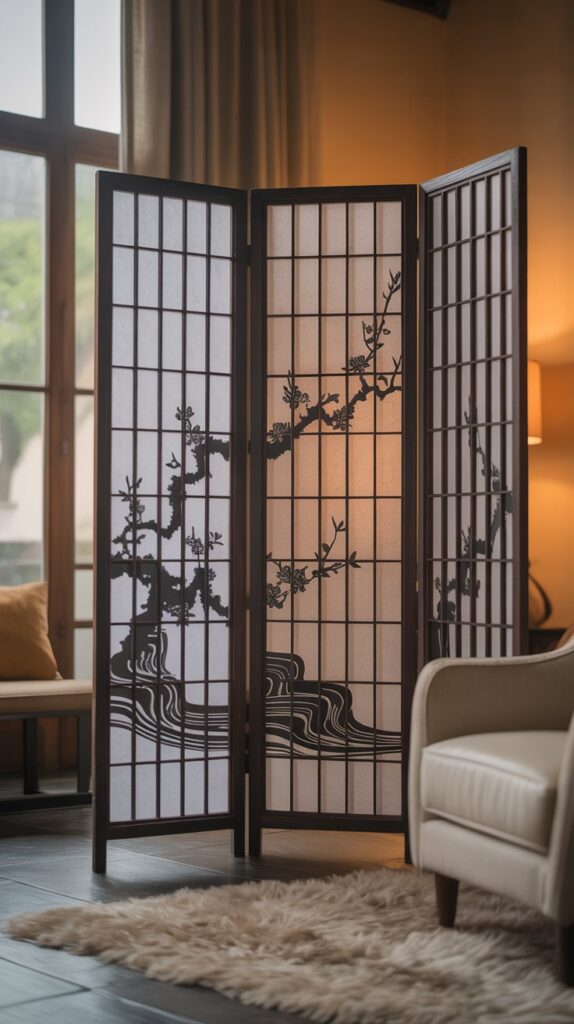 Stylish three-panel screen with intricate black designs in a cozy living room setting