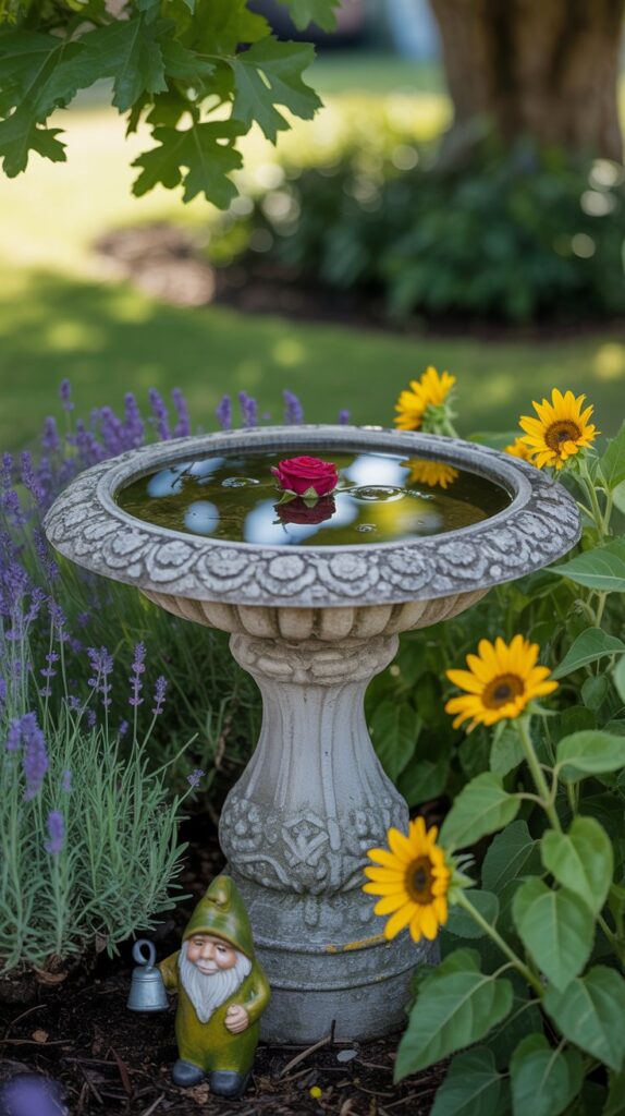 A serene bird bath surrounded by lush garden accents, bathed in soft, warm lighting. In the foreground, an intricately detailed stone or ceramic bird bath, its surface gently rippling. Positioned amidst a vibrant array of flowering plants, their petals swaying in a light breeze. In the middle ground, decorative stone or ceramic elements, such as figurines, gazing balls, or ornamental vases, creating a visually captivating display. The background features a verdant, well-manicured garden, with towering trees and shrubs providing a natural, tranquil backdrop. The overall composition conveys a sense of peaceful, inviting elegance, perfect for enhancing the appeal of any outdoor space. A serene bird bath surrounded by lush garden accents, bathed in soft, warm lighting. In the foreground, an intricately detailed stone or ceramic bird bath, its surface gently rippling. Positioned amidst a vibrant array of flowering plants, their petals swaying in a light breeze. In the middle ground, decorative stone or ceramic elements, such as figurines, gazing balls, or ornamental vases, creating a visually captivating display. The background features a verdant, well-manicured garden, with towering trees and shrubs providing a natural, tranquil backdrop. The overall composition conveys a sense of peaceful, inviting elegance, perfect for enhancing the appeal of any outdoor space.