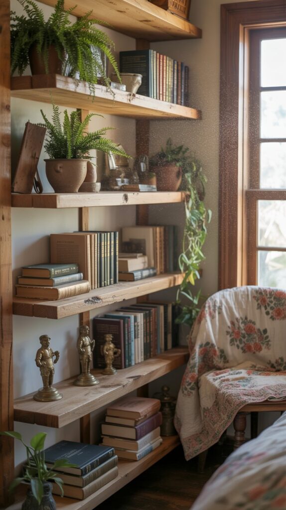 Handcrafted wooden shelves with books, plants, and decorative items in a farmhouse bedroom
