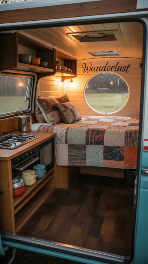 Cozy interior of a small camper with a bed, kitchen area, and warm lighting