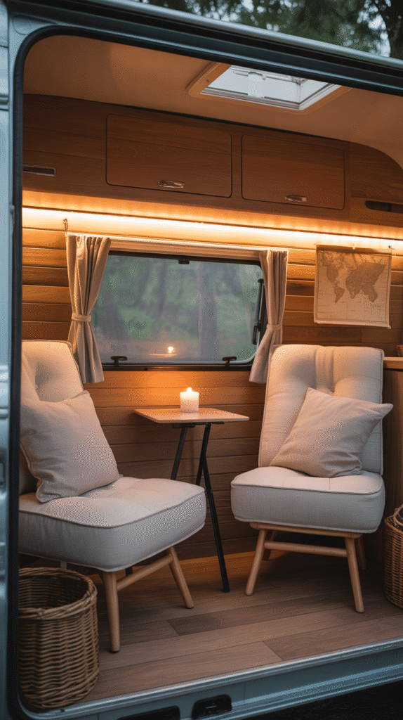 Interior of a small camper featuring textured wooden walls and cozy seating areas.