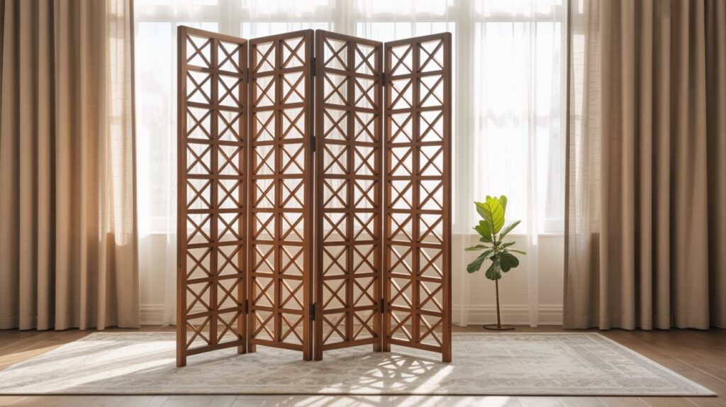 A chic and modern freestanding screen room divider, crafted from sleek wooden panels with intricate geometric patterns, stands elegantly in a sun-dappled living room. Soft, diffused lighting filters through sheer curtains, casting a warm, inviting glow. The screen's clean lines and minimalist design seamlessly blend function and aesthetics, effortlessly separating the space without overwhelming the airy, open atmosphere. Positioned at an angle, the screen creates a sense of visual interest and flow, guiding the eye through the room. Lush potted plants and a plush area rug complete the cozy, nature-inspired ambiance, making this freestanding screen a versatile and stylish solution to divide the living space. A chic and modern freestanding screen room divider, crafted from sleek wooden panels with intricate geometric patterns, stands elegantly in a sun-dappled living room. Soft, diffused lighting filters through sheer curtains, casting a warm, inviting glow. The screen's clean lines and minimalist design seamlessly blend function and aesthetics, effortlessly separating the space without overwhelming the airy, open atmosphere. Positioned at an angle, the screen creates a sense of visual interest and flow, guiding the eye through the room. Lush potted plants and a plush area rug complete the cozy, nature-inspired ambiance, making this freestanding screen a versatile and stylish solution to divide the living space.