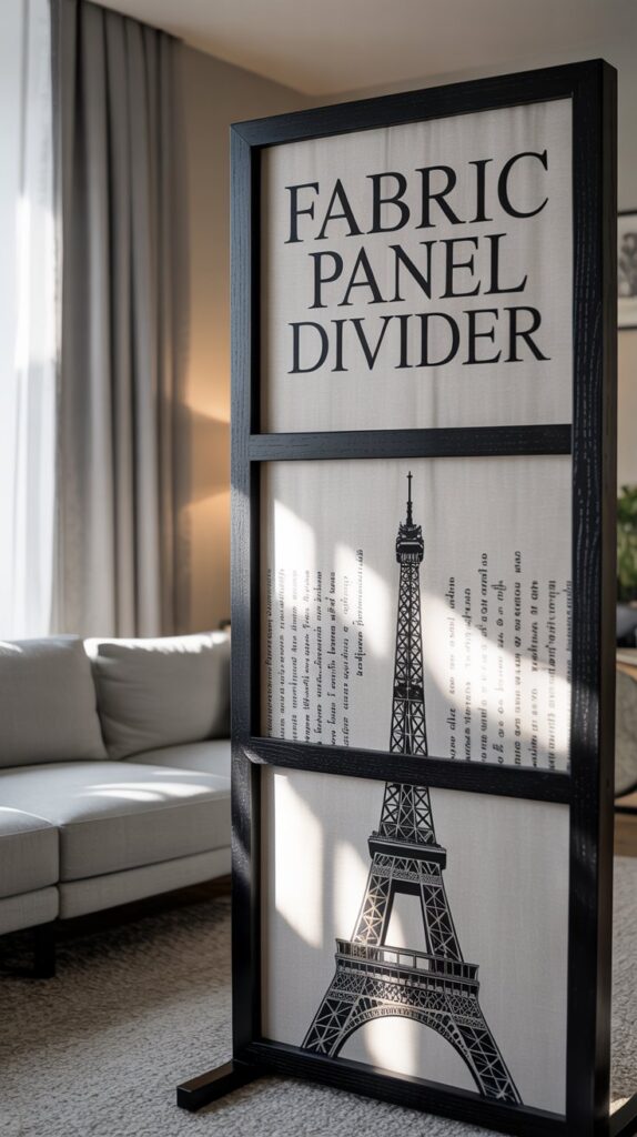 Framed fabric art panels in a living room, featuring text and an image of the Eiffel Tower.