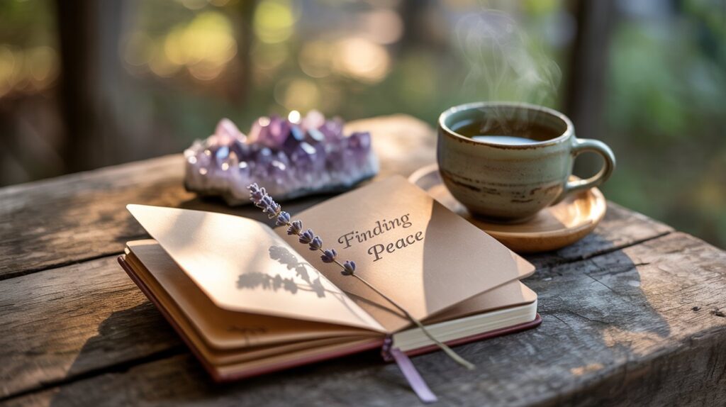 A serene, minimalist scene depicting emotional acceptance strategies. In the foreground, a person sits in a meditative pose, their eyes closed as they practice mindfulness. The middle ground showcases various self-care objects - a journal, a cup of tea, and a set of calming crystals. The background features a tranquil, blurred nature scene, with soft, diffused lighting filtering through the trees. The overall atmosphere is one of introspection, calm, and inner peace, encouraging the viewer to embrace their emotions and find balance.