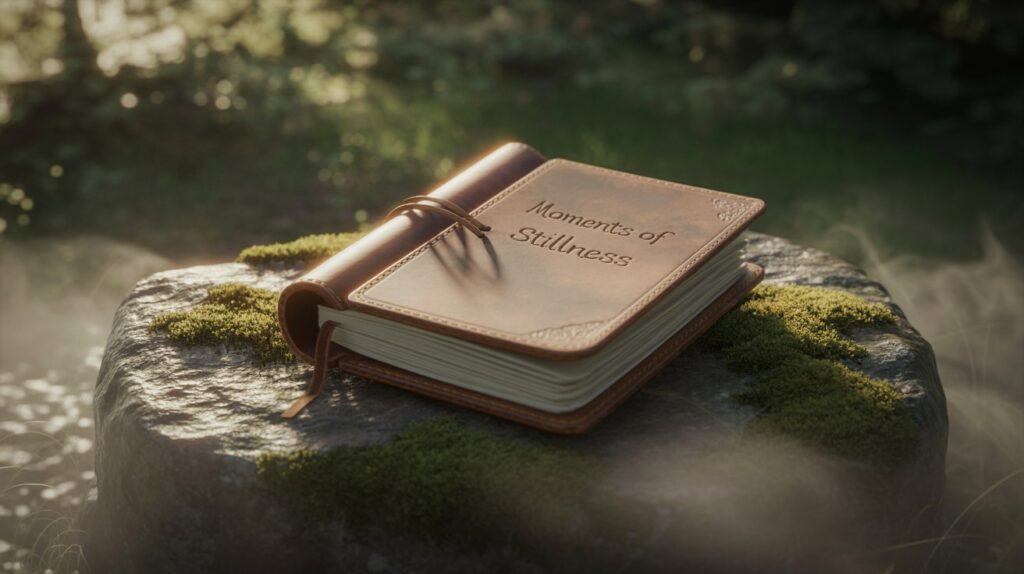 digital detox strategies A serene digital painting depicting a single, aged leather-bound journal resting on a mossy stone in a sun-dappled forest clearing. The journal is slightly open, revealing blank pages with the embossed inscription "Moments of Stillness" on the cover. Sunlight filters through the trees, casting soft shadows and highlighting the texture of the leather and moss, evoking a sense of quiet contemplation and reconnection with nature. Wisps of fog curl around the base of the stone, adding an ethereal touch to the scene, suggesting a retreat from the noise of modern life.