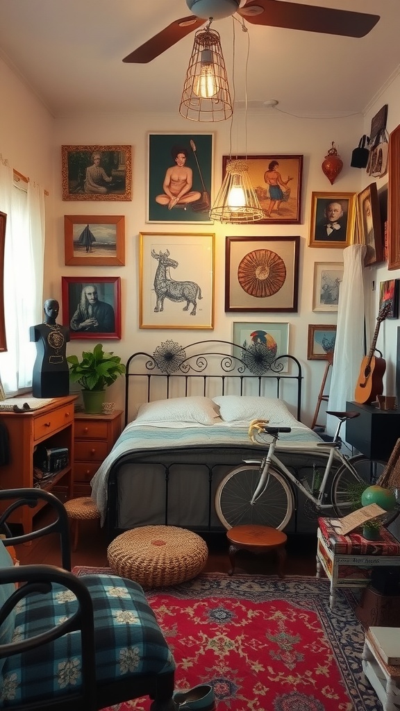 A cozy bedroom with a gallery wall of art, a vintage bicycle, and a warm rug.