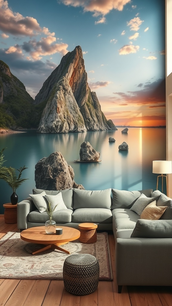 A living room featuring a large artistic wall mural with a cityscape and bold text.