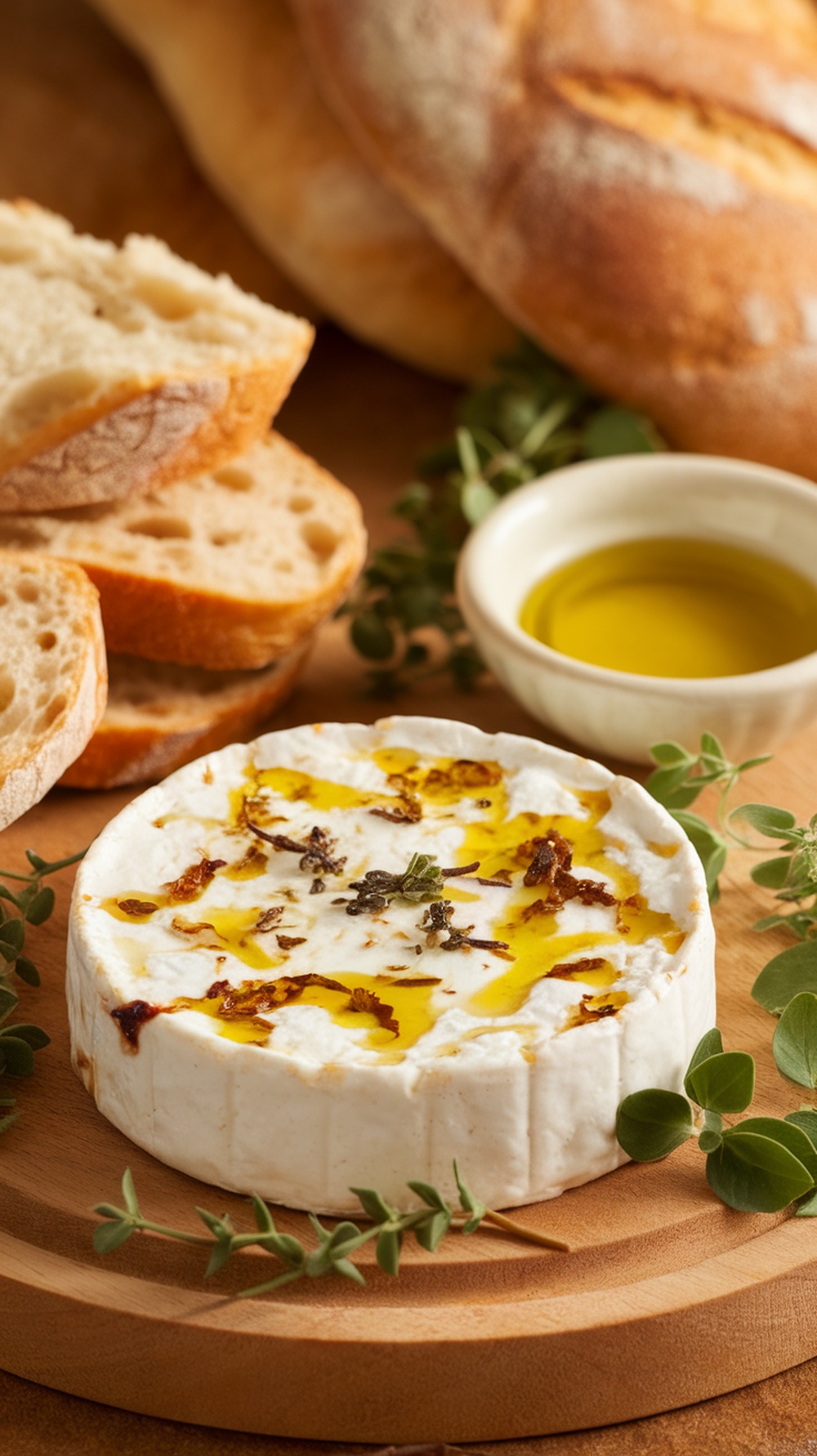 Baked feta cheese drizzled with olive oil and herbs, served with bread